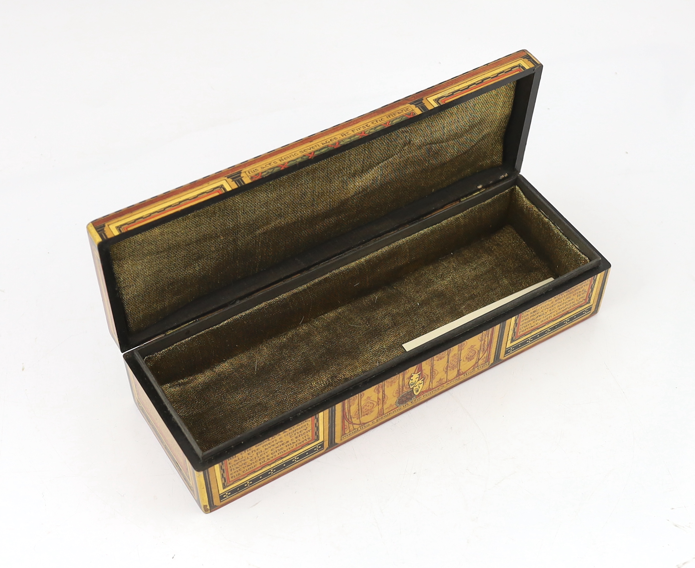 Gwendolen Beatrice White (British, 1904-1981), The Seven Ages of Man Casket, whitewood with stained and gilt gesso decoration, 32.5 x 11 x 7.5cm
